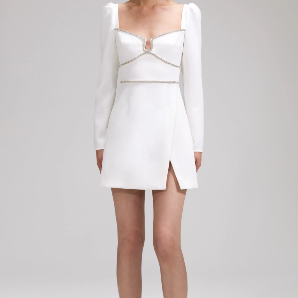 Self Portrait White Crepe Rhinestone Detail Mini Dress
